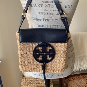 TORY BURCH Miller Straw Crossbody  Leather Logo Bag Purse Adjustable Strap